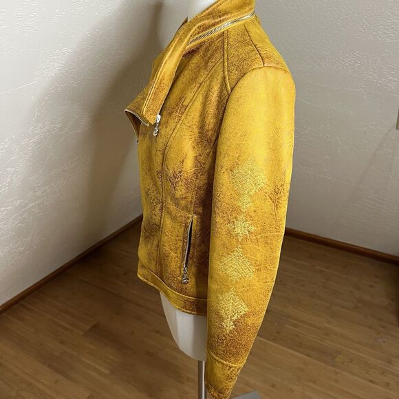 Desigual Moto Jacket Womens 38 M Mustard Yellow Faux Suede Embroidered Mandala - Picture 10 of 13